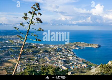 Blume der Agave Kolympia gegen Blick von oben auf die Stadt, Foto von Tsampika Kloster, Rhodes, Griechenland Stockfoto