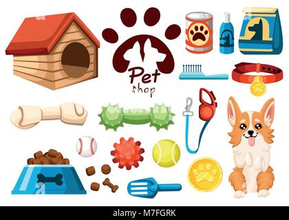 Satz von Pet shop Symbole. Zubehör für Katzen. Flache Vector Illustration. Futter, Spielzeug, Schüssel, Kragen. Produkte für die Pet Shop. Vector Illustration isolat Stock Vektor