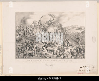 Historische Illustration des Sturms auf Fort Donelson am 15. Februar 1862 während des Amerikanischen Bürgerkriegs. Das Bild zeigt einen Bajonettangriff und die Eroberung der äußeren Verteidigung des Forts durch Soldaten der Union. Stockfoto