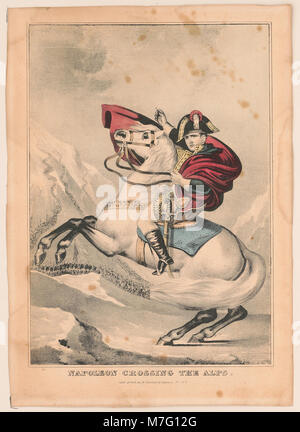 Dieses historische Gemälde zeigt Napoleon Bonaparte, der die Alpen überquert, einen ikonischen Moment aus den Napoleonischen Kriegen. Das Bild symbolisiert sein militärisches Können und seine strategische Vision während seines Feldzugs in Italien. Stockfoto