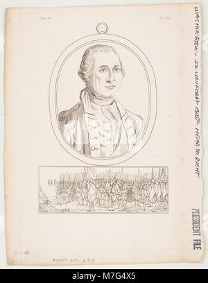 Dieses Porträt von George Washington ist eine ikonische Darstellung des ersten Präsidenten der Vereinigten Staaten. Washington wird in einer würdevollen Pose gezeigt, die seine Führungsrolle und Schlüsselrolle in der amerikanischen Geschichte symbolisiert. Dieses Porträt fängt das formale und respektierte Bild von Washington während des späten 18. Jahrhunderts ein. Stockfoto