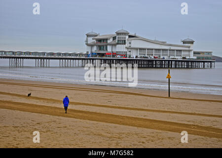 Eine einsame Dame zu ihrem Hund am Strand entlang von der Grand Pier in Weston-super-Mare im Winter Stockfoto