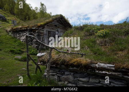 Shieling Homlungsaetra ist eine 550 Meter über dem Geirangerfjord, einem touristischen Hotspot in Norwegen. Stockfoto