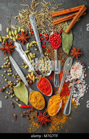 Vielfalt der natürlichen Gewürze, Gewürze und Kräuter in der Löffel auf den steinernen Tisch - Paprika, Curry, Koriander, Kardamom, Kurkuma, Rosmarin, Salz, Pfeffer, Stockfoto