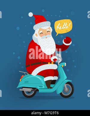 Freudige Santa Claus reitet ein retro Roller. Weihnachten oder Neujahr Konzept. Cartoon Vector Illustration Stock Vektor