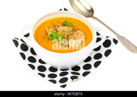 Kürbis Cremesuppe mit Lachs Stockfoto