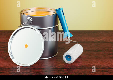 Kann mit Farbe und Pinsel auf dem Holztisch. 3D-Rendering Stockfoto
