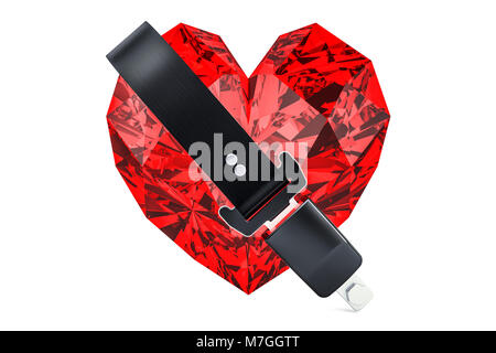 Ruby Herz mit Sicherheitsgurt. Schmuck Versicherungen Konzept. 3D-Rendering auf weißem Hintergrund Stockfoto