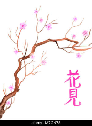 Aquarell von einem Baum mit Frühlingsblumen, mit Japanischen callygraphic Schreiben hanami, Blume Bewunderung Stockfoto