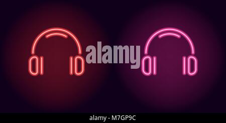 Rot und Pink Neon Kopfhörer. Vector Illustration von Neon Musik Kopfhörer bestehend aus skizziert, mit Hintergrundbeleuchtung auf dem dunklen Hintergrund Stock Vektor