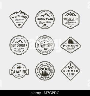 Satz von Vintage Wildnis Logos. Hand gezeichnet Retro styled outdoor adventure Embleme. Vector Illustration Stock Vektor