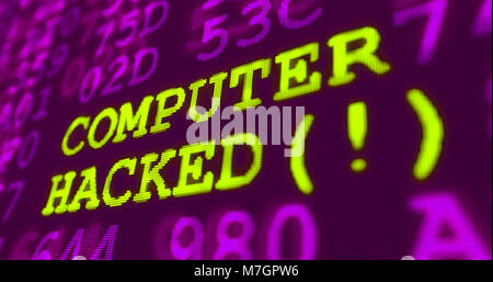 Cyber Attack und Computer Sicherheit Warnungen - Computer gehackt - grün Worte und Zahlen auf uv-Hintergrund. Die Sicherheit der Daten und der digitalen Technologie Stockfoto