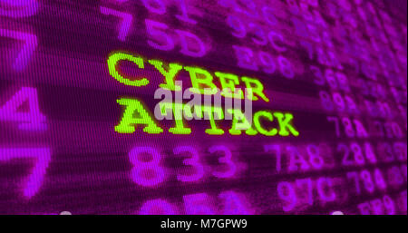 Cyber Attack und Computer Sicherheit Warnungen - Cyber Attack - grün Worte und Zahlen auf uv-Rauschen im Hintergrund. Die Sicherheit der Daten und digitalen Technologien Stockfoto