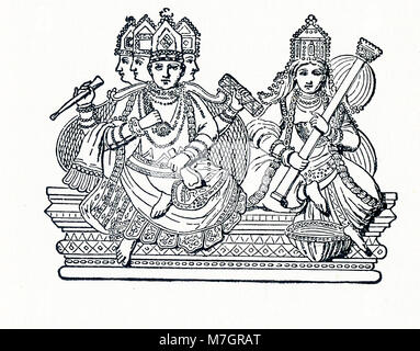 Diese Abbildung stammt aus um 1898 und zeigt die hinduistischen Gottheit Brahma mit Saraswati. Im Hinduismus, in der Trimurti stellen die höchste Göttlichkeit. Dieser Dreiklang von Gottheiten ist in der Regel wie folgt: Brahma den Schöpfer, Vishnu den Erhalter und Shiva ist der Zerstörer. Die Göttin Saraswati ist die Ehefrau von Brahma. Stockfoto