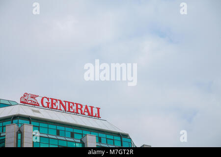 Belgrad, Serbien - 2. MÄRZ 2018: Generali Versicherungen Logo auf Ihrer Hauptniederlassung für Serbien. Die Assicurazioni Generali ist die größte italienische Versicherungsunternehmen Stockfoto