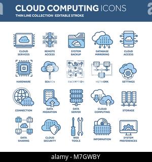 Cloud Omputing. Internet Technologie. Online Services. Daten, Informationen Sicherheit. Verbindung. Thin Line blau Web Icon Set. Umrisse icons Collection. Vector Illustration. Stock Vektor