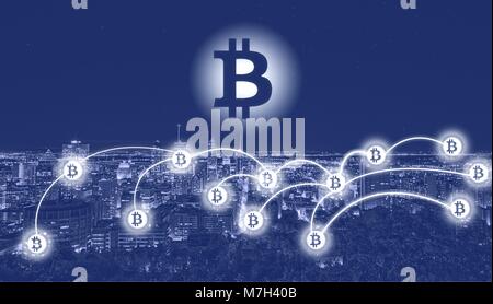 Bitcoin und blockchain Technologie Konzept. Bitcoin Zeichen auf Stadt Hintergrund - Montreal. Bitcoin Netzwerk mit einem bitcoin Zeichen auf der städtischen Hintergrund. Stock Vektor