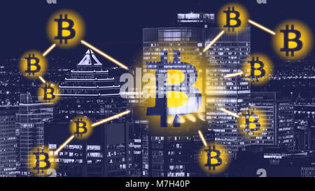 Bitcoin Zeichen auf Stadt - Montreal. Bitcoin und blockchain Technologie Konzept. Bitcoin Netzwerk mit einem bitcoin Zeichen auf der städtischen Hintergrund. Block Kette. Stockfoto