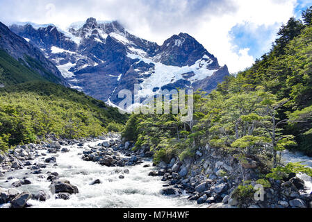 Rio del Frances auf dem Campingplatz Italiano, Torres del Paine Nationalpark, Patagonien, Chile Stockfoto