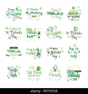 Happy St. Patrick s Tag Logos, Handskizze irische Feier Design, Schrift Typografie Icons Sammlung Stock Vektor