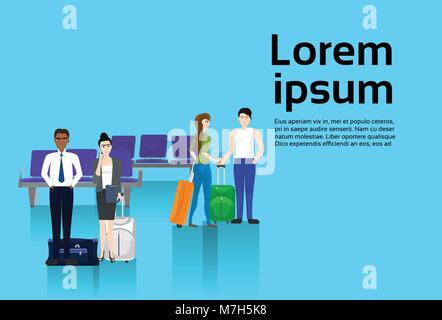 Menschen Trevelers mit Gepäck warten auf Abflug im Flughafen Vorlage Hintergrund mit Platz kopieren Stock Vektor