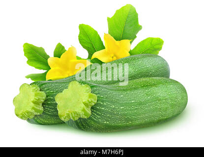 Isolierte Zucchini. Zwei ganze Zucchini mit Blätter und Blumen auf weißem Hintergrund mit Freistellungspfad isoliert Stockfoto