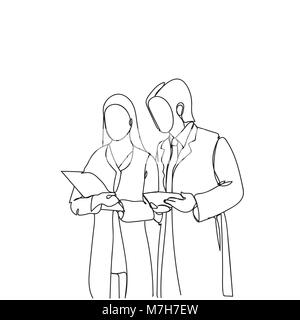 Silhouette Mann und Frau Wissenschaftler in weißen Kitteln lesen Dokumentenanalyse Doodle Forscher Stock Vektor