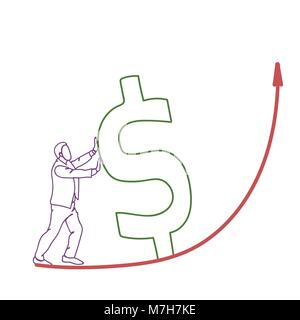 Doodle Business Mann drücken Dollarzeichen auf dem roten Pfeil nach oben Finanzen Wachstum Konzept Stock Vektor