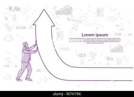 Doodle Business Mann durch Drücken der Scrolltaste mit Pfeil nach oben Finanzen Wachstum und Erfolg Konzept Stock Vektor