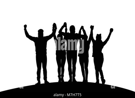 Gruppe von Geschäftsleuten mit erhobenen Händen glücklich Erfolgreiches Team Schwarze Silhouetten Stock Vektor