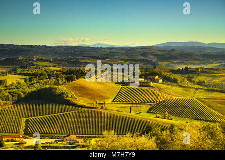 Panoramablick auf die Landschaft des Chianti und Vernaccia Weinbergen von San Gimignano bei Sonnenaufgang. Toskana, Italien, Europa. Stockfoto