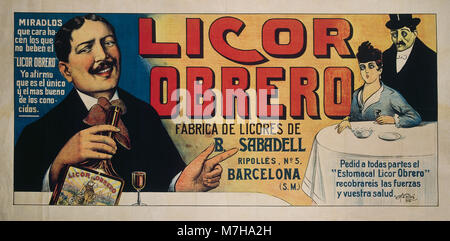 Magen Licor Obrero. Alte Werbung Poster von M. Vallvé, 1916, für die Spirituosen Fabrik der B. in Sabadell. Barcelona, Katalonien, Spanien. Stockfoto
