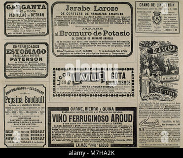 Alte Werbung Werbung. Medikamente und medizinische Hilfsmittel. La Ilustracion Artitsica, Januar 1893. Spanien. Stockfoto