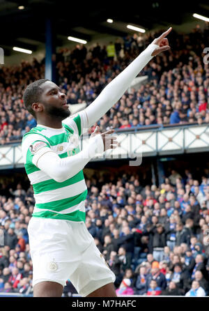 Celtic's Odsonne Edouard feiert seine Seiten dritte Ziel zählen während der LADBROKES Scottish Premier League Spiel im Ibrox Stadium, Glasgow. Stockfoto