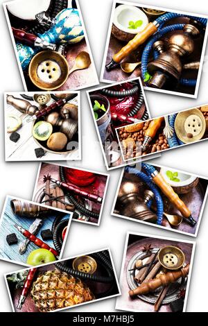 Collage mit orientalischen Wasserpfeife rauchen. Verschiedene Gerüche der Shisha. Shisha Wasserpfeife Konzept Konzept. Stockfoto