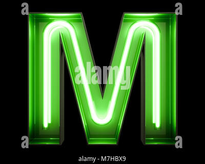 Neon Grün Licht Alphabet Buchstaben M Font. Neon röhre Buchstaben Leuchteffekt auf schwarzem Hintergrund. 3D-Rendering Stockfoto