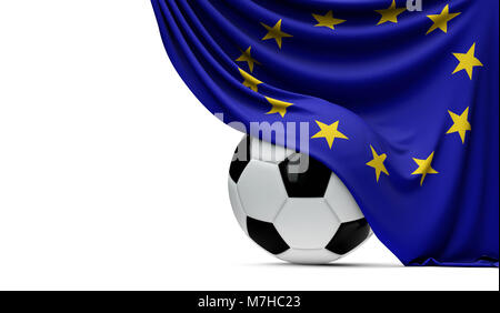 Europäische Union nationale Flagge drapiert über einen Fußball-Fußball-Kugel. 3D-Rendering Stockfoto