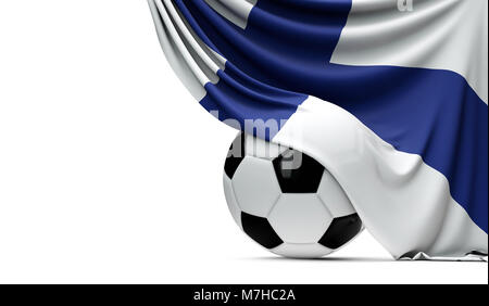 Finnland Nationalflagge drapiert über einen Fußball-Fußball-Kugel. 3D-Rendering Stockfoto