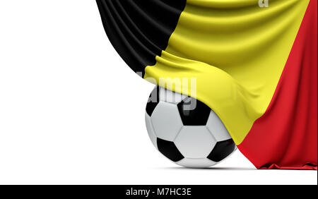 Belgien Nationalflagge drapiert über einen Fußball-Fußball-Kugel. 3D-Rendering Stockfoto