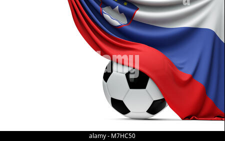 Slowenien Nationalflagge drapiert über einen Fußball-Fußball-Kugel. 3D-Rendering Stockfoto