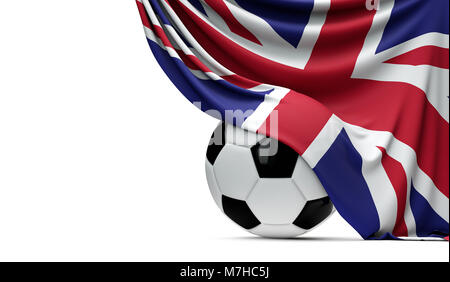 Großbritannien Nationalflagge drapiert über einen Fußball-Fußball-Kugel. 3D-Rendering Stockfoto