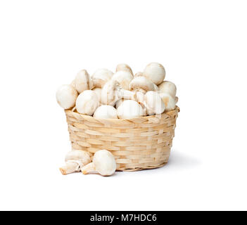 Haufen frischer Pilze Champignons in einem Korb auf weißem Hintergrund Stockfoto