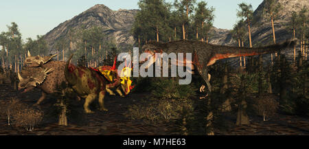 Eine Daspletosaurus Ansätze einer kleinen Gruppe von Rubeosaurus Dinosaurier. Stockfoto