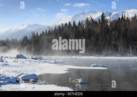 Halbmond gebogen oder Yue Liang Wan im Winter, Kanas See, Kanas Naturschutzgebiet, Xinjiang, China Stockfoto