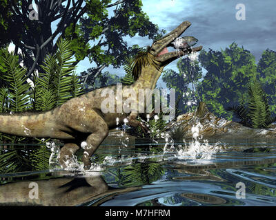 Austroraptor Dinosaurier Angeln im Fluss Stockfoto