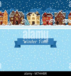 Winter urbane Landschaft Karte mit Häuser und Bäume Stock Vektor