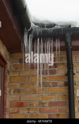 Leichte Erwärmung von Haus Dach und schmelzende Schnee und Eiszapfen Anhäufung in gefrorenen Dachrinnen und mögliche Eindringen von Wasser in die Wände Stockfoto