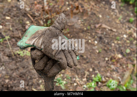 Folgen der Gartenarbeit in extrem schweren Lehm lehmiger Erde, schwere Gartenarbeit Gabel in Erde bedeckt und Schlammigen, schmutzige zusammengebacken in Schlamm Schlamm Stockfoto