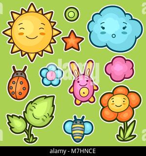 Satz von kawaii Doodles mit verschiedenen Gesichtsausdrücke. Frühjahrskollektion fröhliche Zeichentrickfiguren Sonne, Wolke, Blume, Blatt, Käfer und dekorative Objekte Stock Vektor