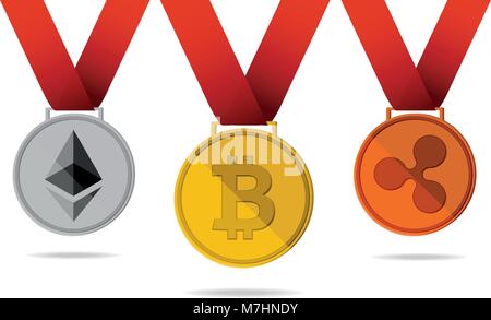 Drei Vektor realistische Münzen Medaillen mit Crypto-Währungen - bitcoin, des Astraleums, Welligkeit, Gold, Silber, Bronze, drei Plätze. Commerce, Internet. Stock Vektor